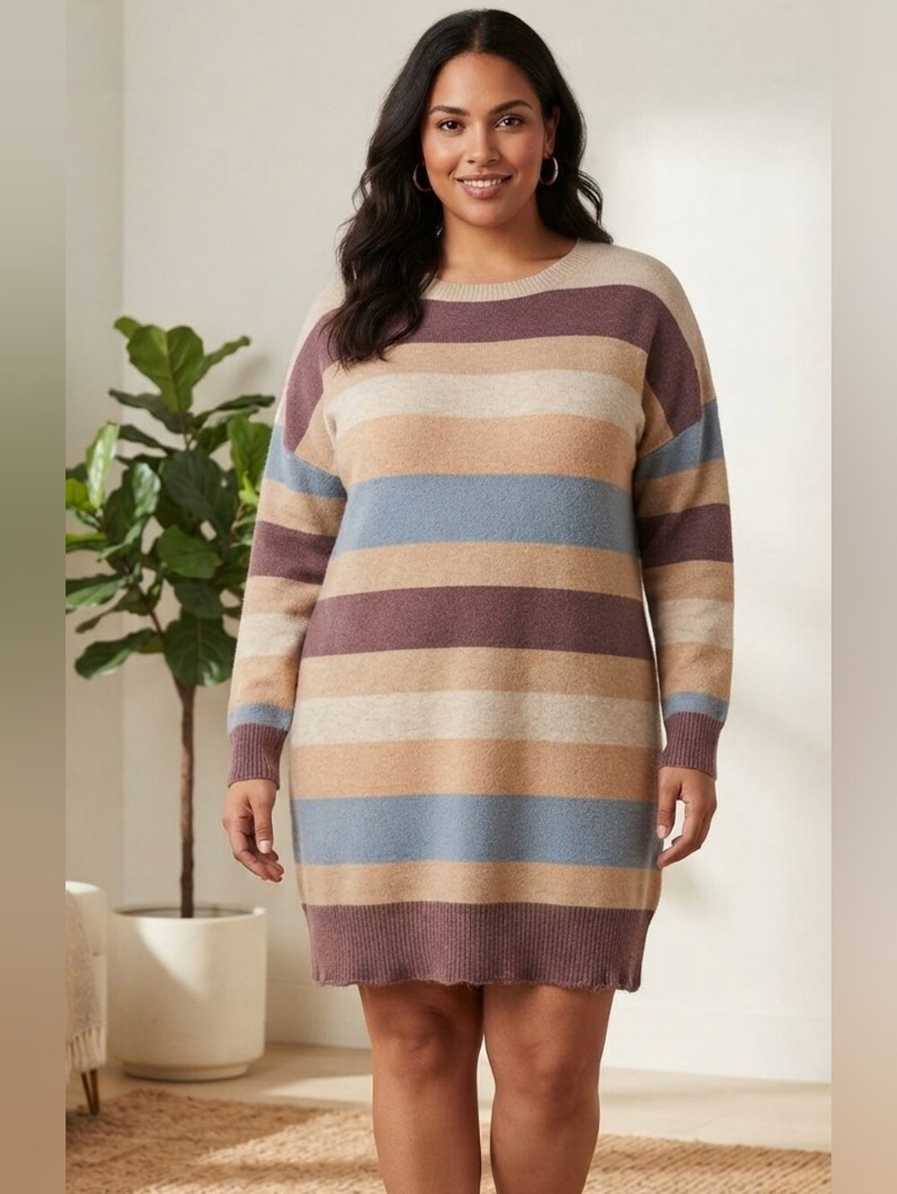 EUC Impressions Cozy Striped Long Sleeve Sweater Dress | Plus 2X | P2P 26.5"